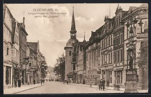 AK Oldenburg /Gr., Langestrasse mit Geschäften, Im Hintergrunde rechts der Lappan
