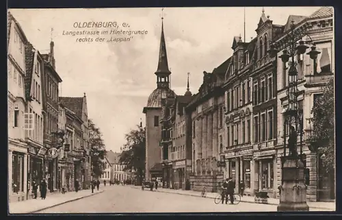 AK Oldenburg /Gr., Langestrasse mit Geschäften, Im Hintergrunde rechts der Lappan