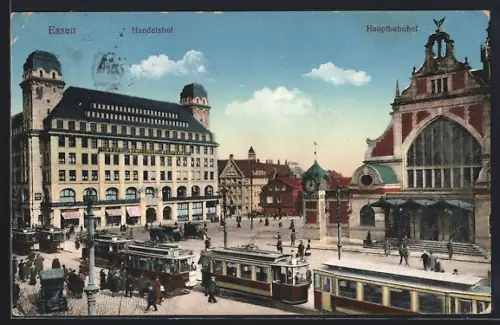 AK Essen, Hauptbahnhof und Handelshof mit Strassenbahn