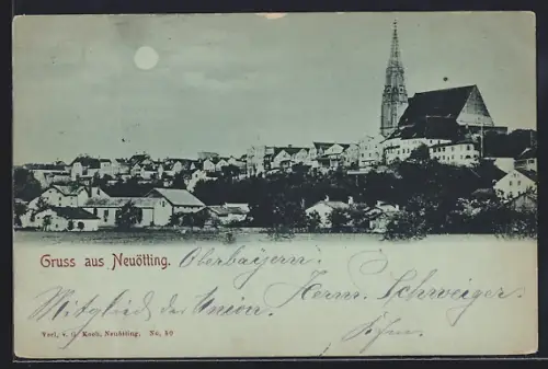 Mondschein-AK Neuötting, Teilansicht mit Kirche