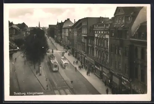 AK Duisburg, Königstrasse mit Geschäften und Strassenbahn
