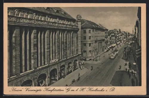 AK Karlsruhe, Kaiserstrasse mit Kaufhaus Union