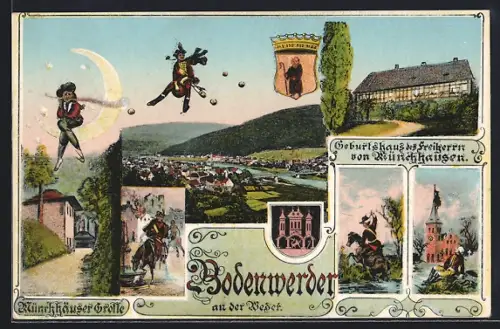 AK Bodenwerder / Weser, Geburtshaus Freiherr von Münchhausen, Wappen, Szenen aus Münchhausen's Erzählungen