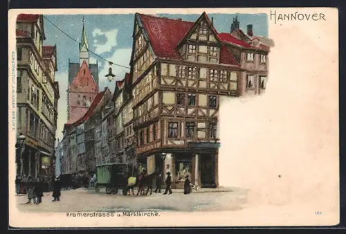 Lithographie Hannover, Kramerstrasse und Blick zur Marktkirche