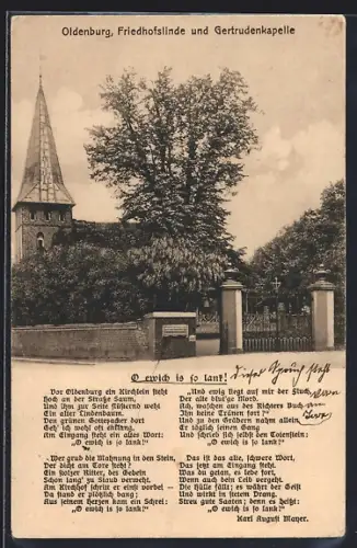 AK Oldenburg / O., Friedhofslinde u. Gertrudenkapelle, Gedicht: O ewich is so lank!
