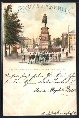 Vorläufer-Lithographie Berlin, 1895, Friedrichsdenkmal unter den Linden