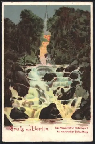 AK Berlin-Kreuzberg, Wasserfall im Victoriapark bei elektrischer Beleuchtung