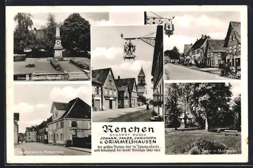 AK Renchen, Grimmelshausen-Denkmal, Hauptstrasse, Partie beim Stadtgarten