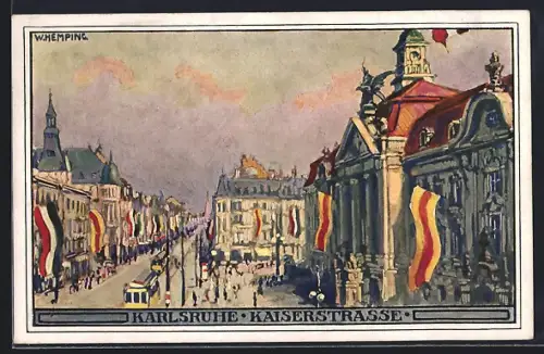 Künstler-AK sign. W. Hempfing: Karlsruhe, Kaiserstrasse mit Strassenbahnen