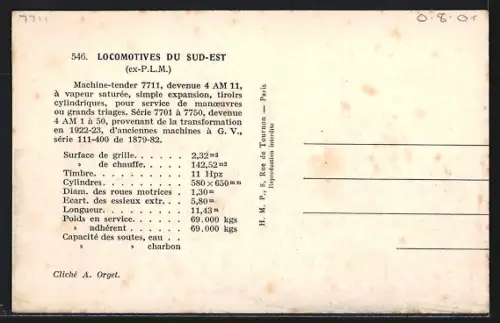 AK Machine-tender No. 7711, französische Eisenbahn