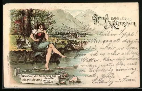 Lithographie München, Sennerin macht am Bach Toilette