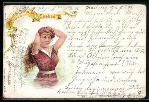 Lithographie Frau im Badeanzug