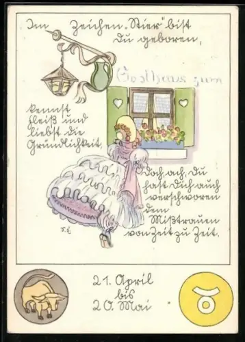 Künstler-AK Charakterisierung des Sternzeichens Stier, Heimlicher Blick ins Fenster