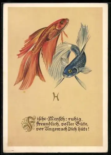 Künstler-AK Sternzeichen Fische, Benennung der Eigenschaften eines Fische-Menschen