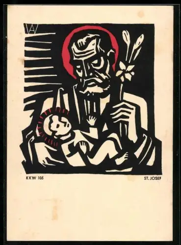 AK St. Joseph mit Christkind, Holzschnitt