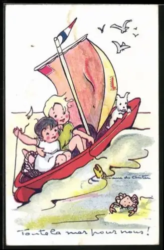 AK Kleines Paar mit Hund im Segelboot auf dem Meer