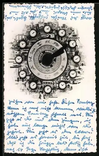 AK Sternzeichen-Uhr, von Uhren umkränzt, Weltzeiten