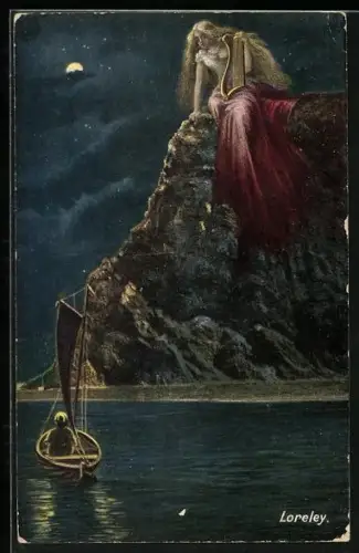 AK Loreley auf dem Felsen mit einer Harfe