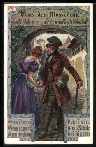 AK Volkslied Nr. 4, Muss i dennn, muss i denn, Wanderer verabschiedet sich von seinem Schatz