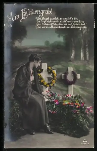 AK Am Elterngrab, Frau trauert am Grabe ihrer Eltern