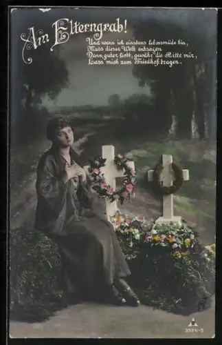 AK Am Elterngrab!, Und wenn ich einstens lebensmüde bin..., trauerndes Mädchen