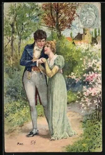 AK Liebespaar in einem blühenden Garten