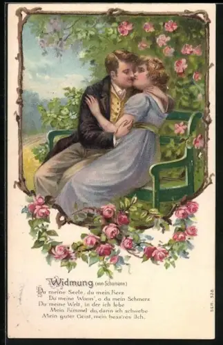 Präge-AK Du meine Seele..., Liebespaar auf einer Bank, Rosen