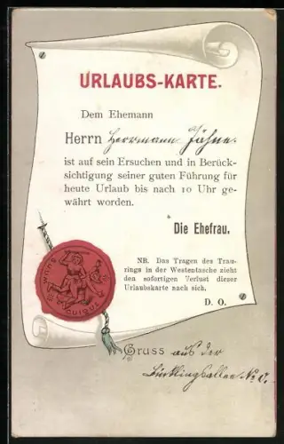 Scherz-AK Urlaubs-Karte von der Ehefrau für ihren Mann