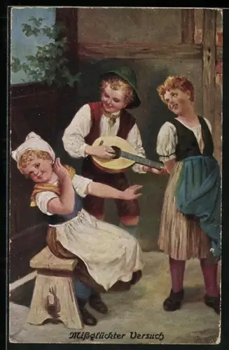 AK Missglückter Versuch, Musikant mit Mandoline beim Ständchen