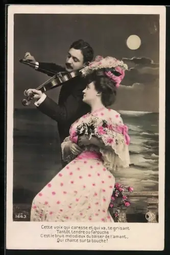 AK Geiger gibt junger Dame ein Ständchen bei Vollmond am Meer