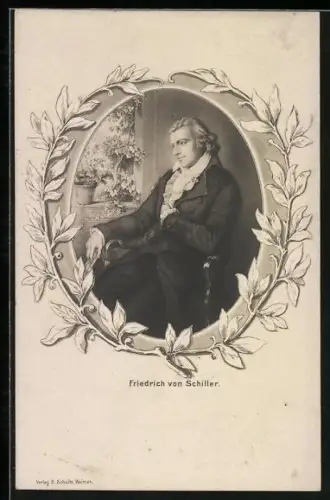 AK Friedich von Schiller, Portrait im Lorbeerkranz