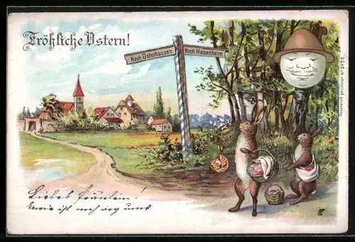 AK Osterhasen am Wegweiser nach Osterhausen oder Hasenheim
