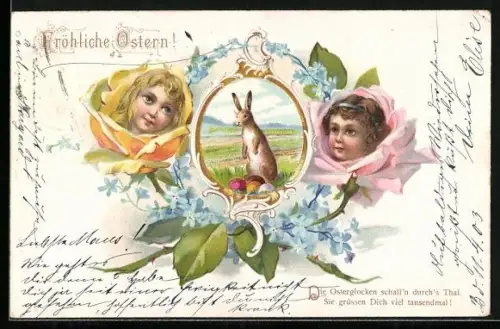 Lithographie Kinderköpfe in Rosenblüten, Osterhase mit Ostereiern, Ostergruss
