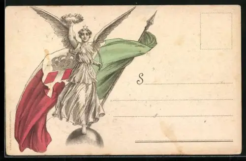 AK Allegorische Figur der Italia, Nationalflagge, Speer, Lorbeerkranz und Wappen, Kriegsanleihe Banca Commerciale Italia