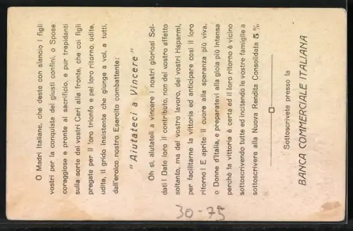 AK Allegorische Figur der Italia, Nationalflagge, Speer, Lorbeerkranz und Wappen, Kriegsanleihe Banca Commerciale Italia