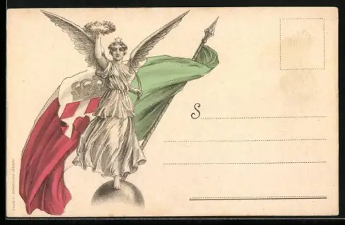 AK Allegorische Figur der Italia m. Nationalflagge, Speer, Lorbeerkranz, Wappen, Kriegsanleihe Banca Commerciale Italia