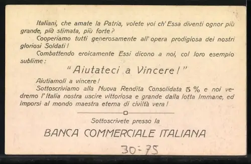 AK Allegorische Figur der Italia m. Nationalflagge, Speer, Lorbeerkranz, Wappen, Kriegsanleihe Banca Commerciale Italia