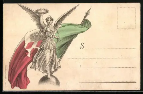 AK Allegorische Figur der Italia mit Nationalflagge, Speer, Lorbeerkranz, Wappen, Kriegsanleihe Banca Commerciale Italia