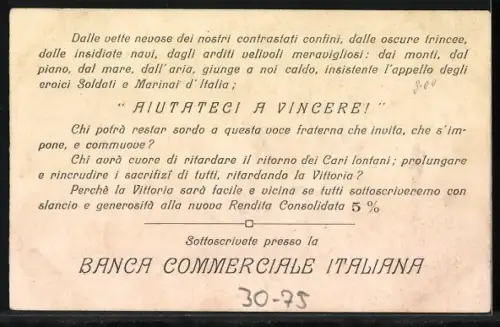 AK Allegorische Figur der Italia mit Nationalflagge, Speer, Lorbeerkranz, Wappen, Kriegsanleihe Banca Commerciale Italia