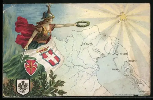 AK Allegorische Figur der Italia mit Flagge, Wappen, Landkarte, Kriegsanleihe Cassa di Risparmio di Genova