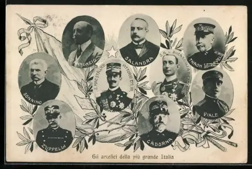 AK Heerführer Sonnino, Salandra, Vittorio Emanuele III., Viale, Portraits mit Flagge