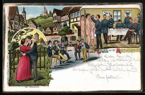Lithographie Abschied, Musterung, Fröhliches Zechen, Gruss von der Musterung