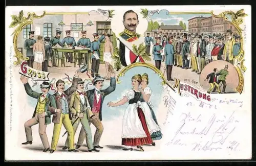 Lithographie Musterung, Begrüssung von Damen, Wilhelm II., Gruss von der Musterung