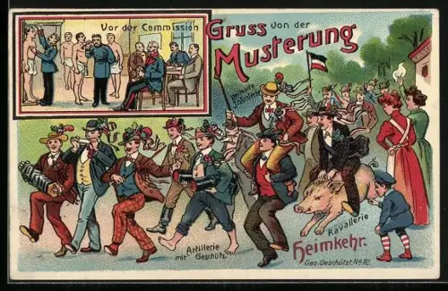 AK Gruss von der Musterung, Männer vor der Kommission, Männer reiten vergnügt aufeinander und auf Schweinen