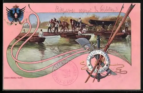 AK 4. Regimento Genio Pontieri, Soldaten bei Überfahrt auf Behelfsbrücke mit schwerem Gerät, Wappen