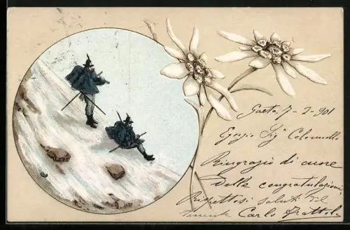 Lithographie Alpini beim Abstieg an einem Berghang, Edelweiss
