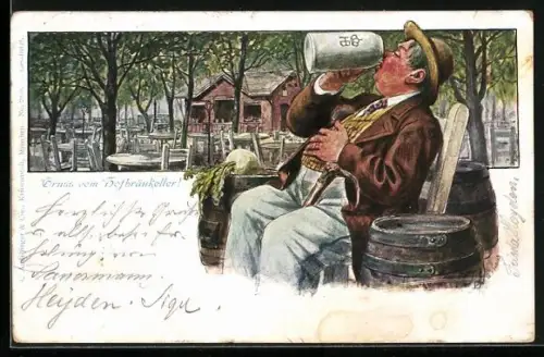 Lithographie Münchner Hofbräuhaus, Biertrinker im Garten