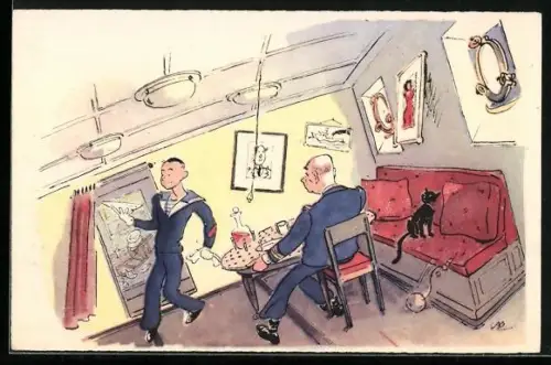 Künstler-AK Matrose räumt an Bord eines Kriegsschiffs den Tisch des Kapitäns ab