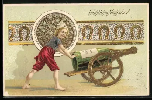 AK Junge mit Sektflasche und Hufeisen