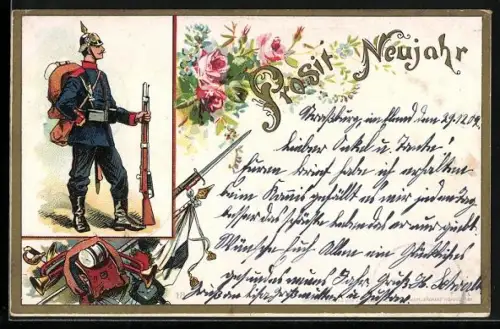 Lithographie Soldat mit Gewehr zu Neujahr